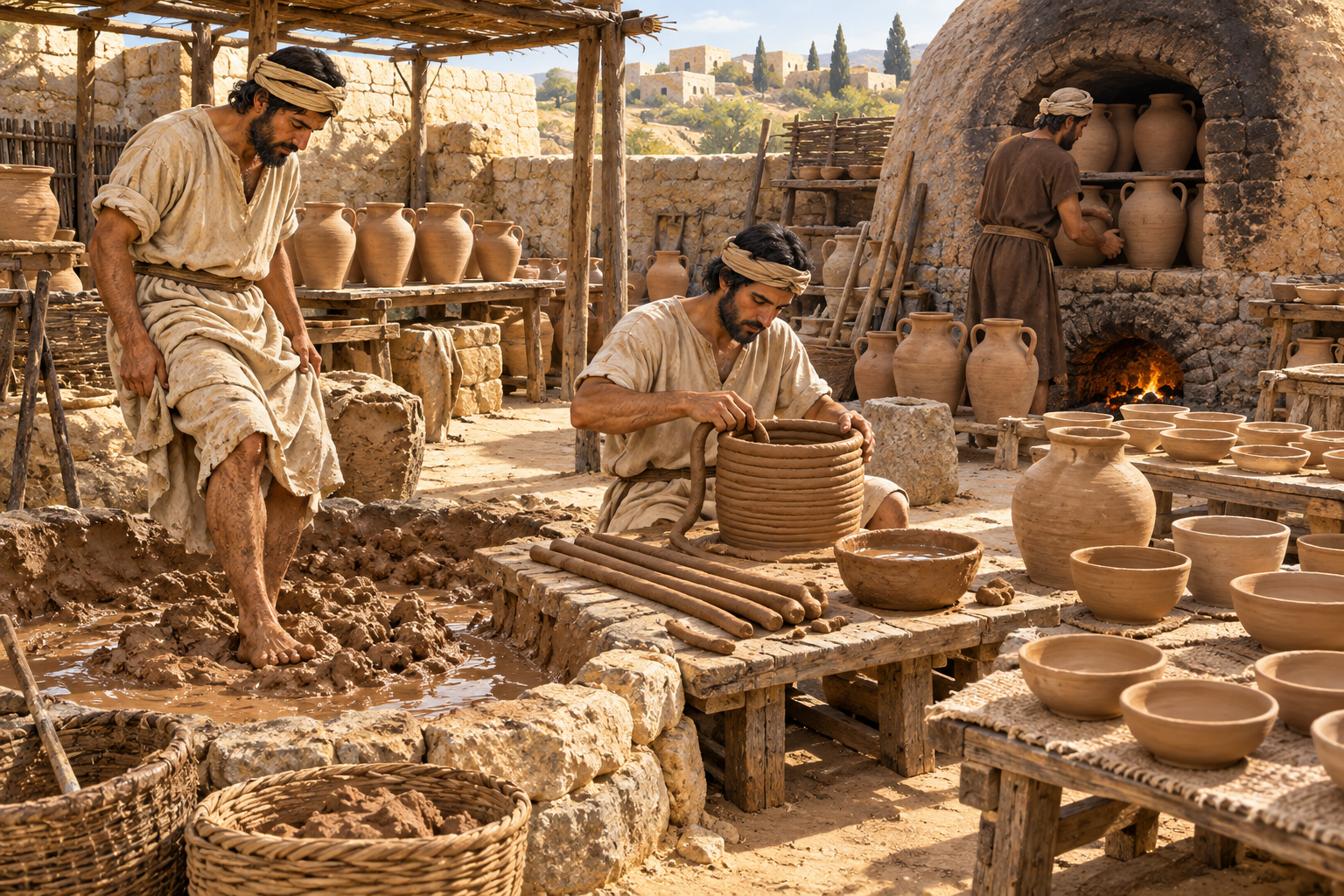 Oficina de cerâmica antiga com barro sendo pisado, rolos de argila, vasos secando e forno aceso ao fundo.