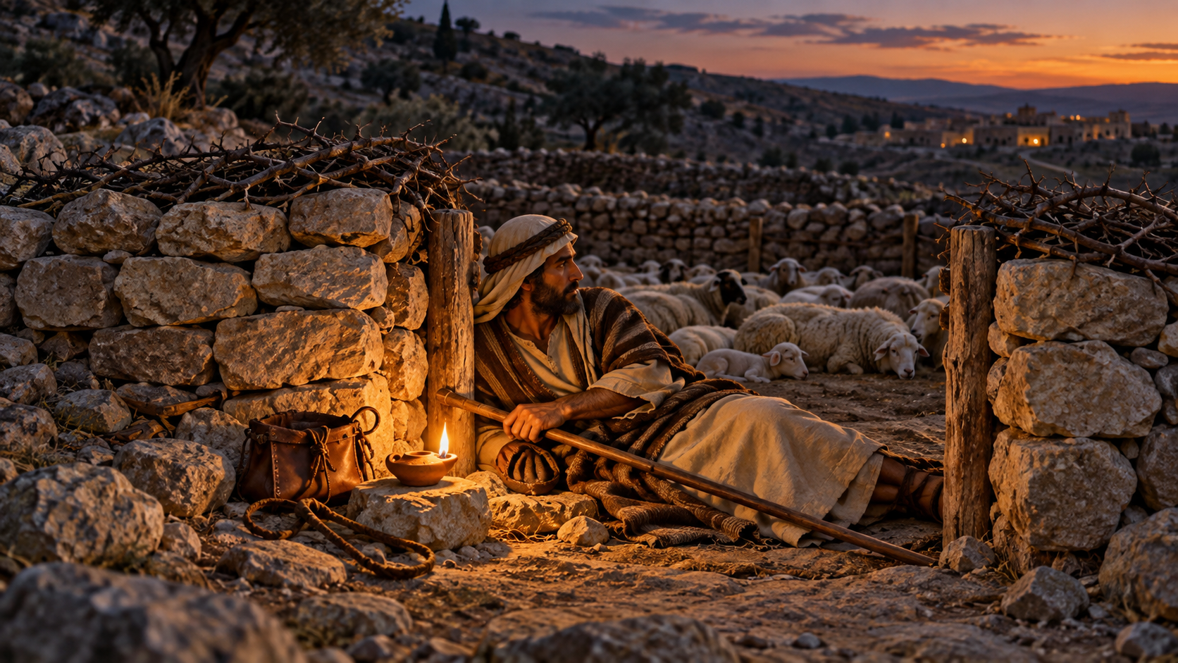Pastor guardando ovelhas à noite em redil de pedras, deitado junto à entrada estreita com cajado, funda, alforge e lamparina.