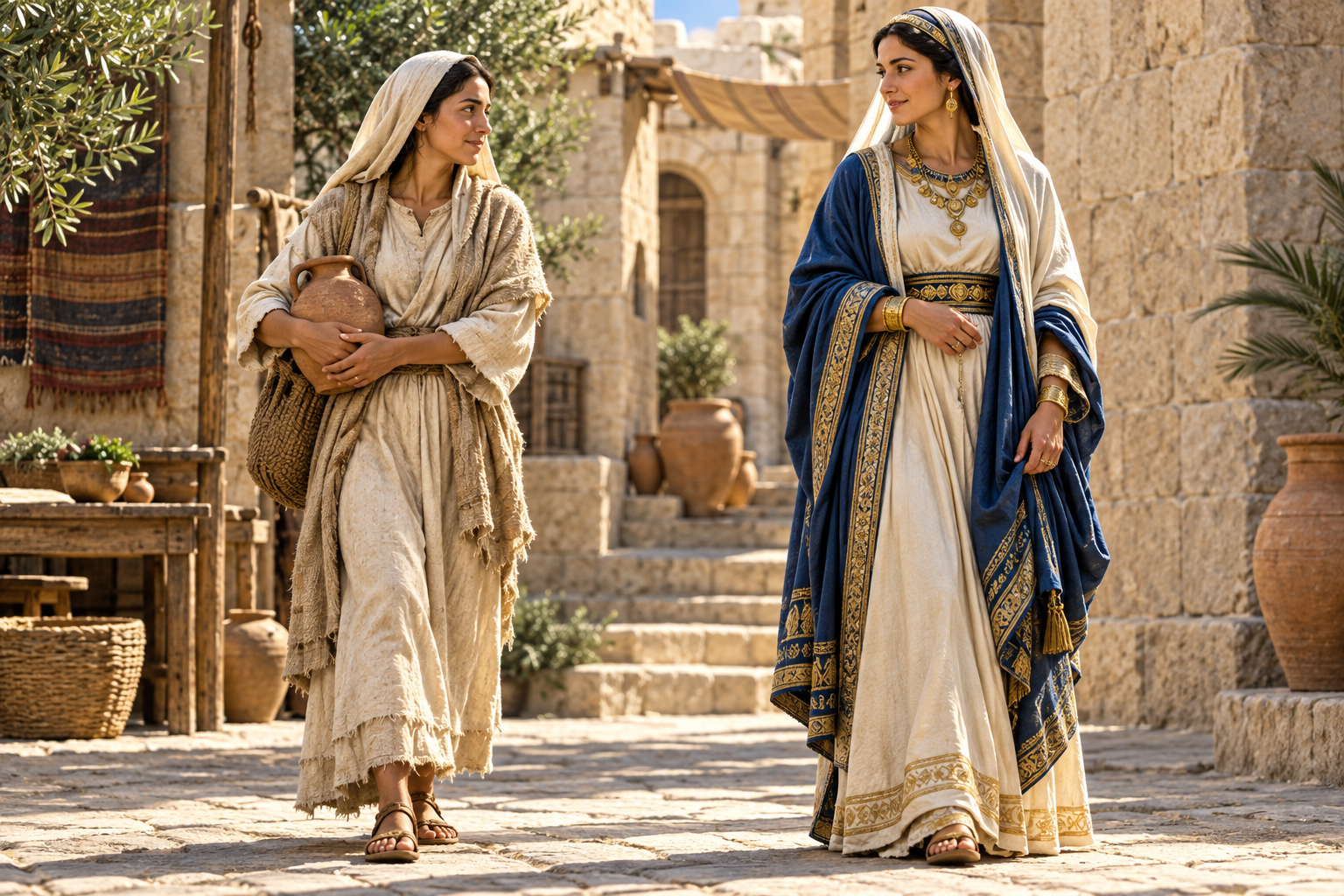 Duas mulheres em cenário antigo, uma com vestes simples e outra com roupas mais finas, ambas com a cabeça coberta.